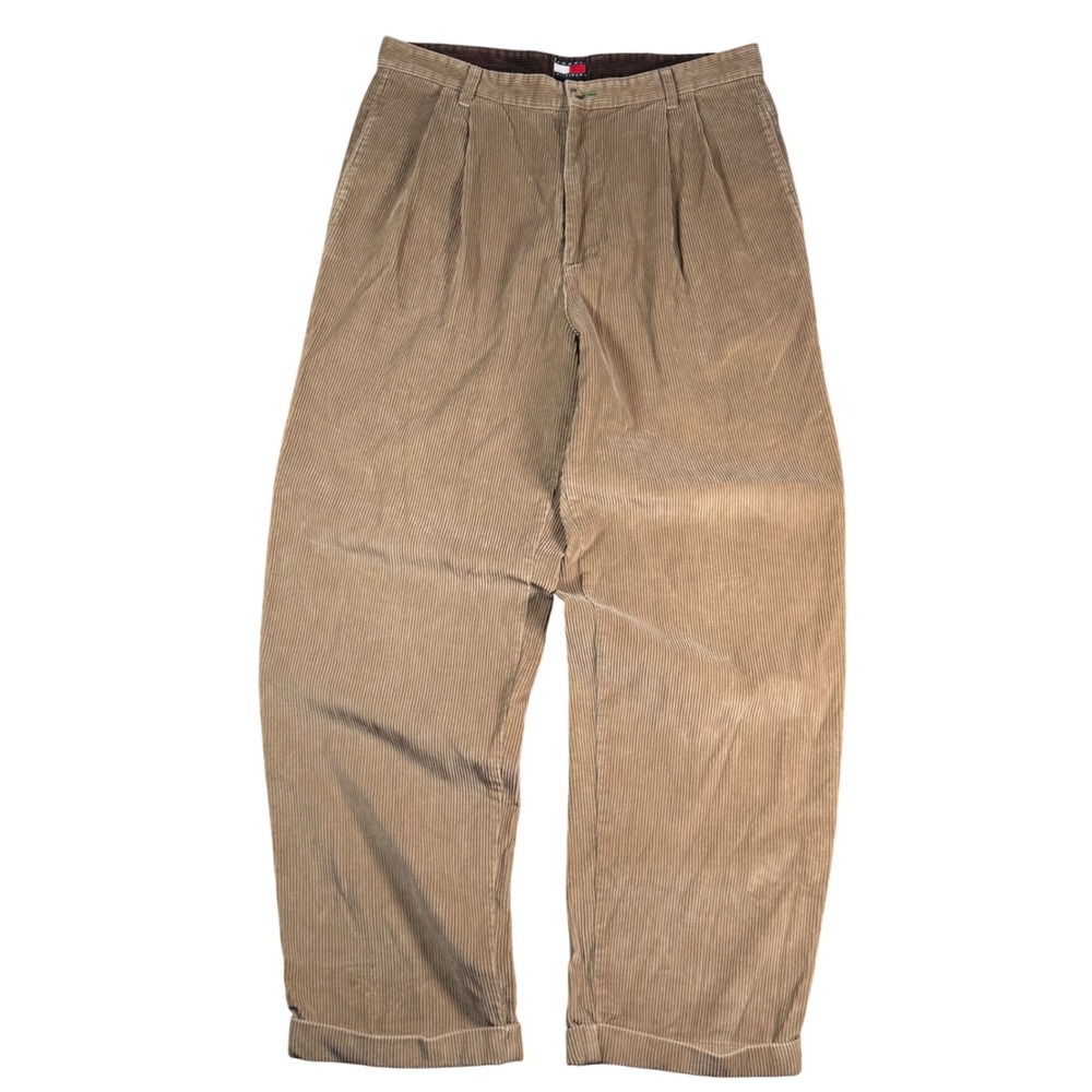 Tommy Hilfiger Pleated Corduroy Pants Mens 36 Tan Vintage Chunky Wide Wale Cords